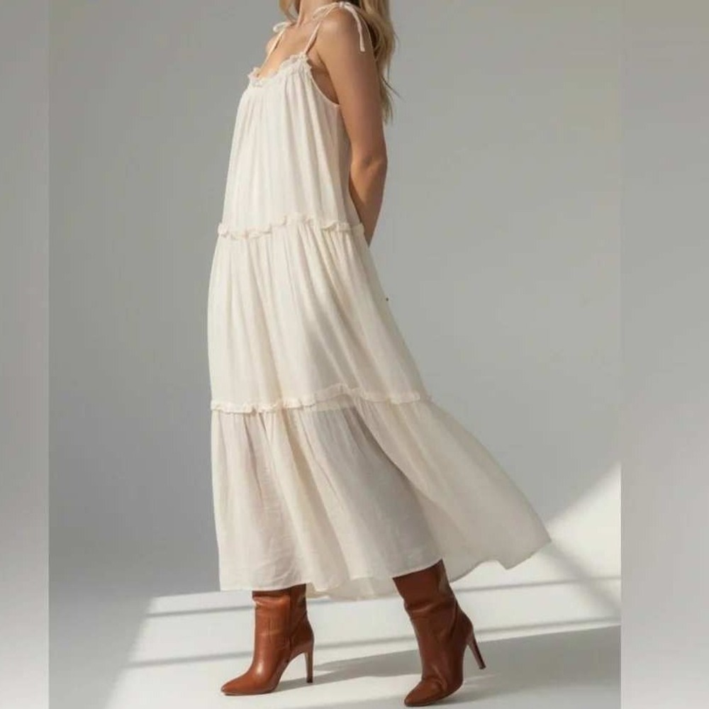 &Merci Kathleen Cream Gauze Tiered Maxi Dress Tie Straps Boho Womens Small